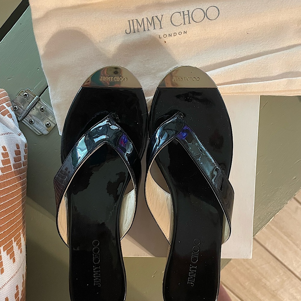 Jimmy Choo Black Patent Flip Flop Sandals